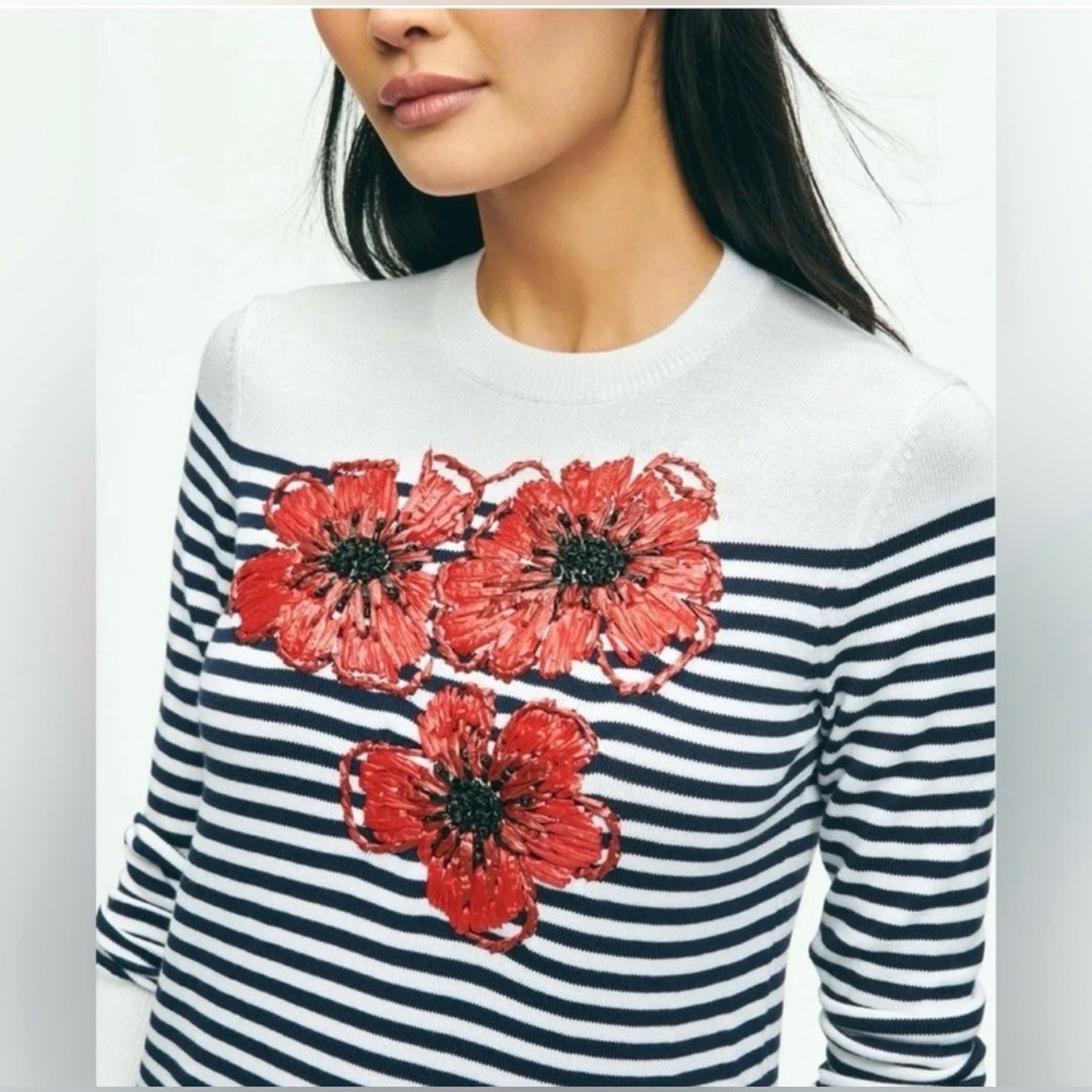 Brooks Brother Floral Rafia Appliqué Cotton Striped Sweater